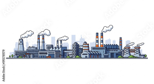 Industrial factory complex with smoking chimneys and modern buildings.