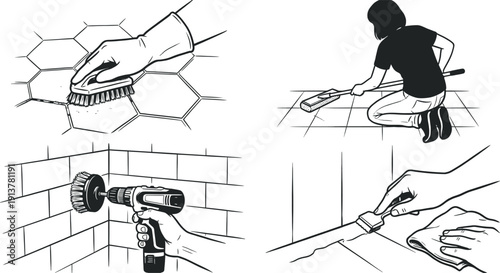 Tile scrubbing and grout cleaning vector for home maintenance