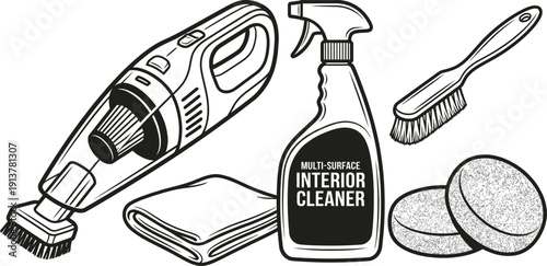 Car interior detailing kit icons vector illustration set