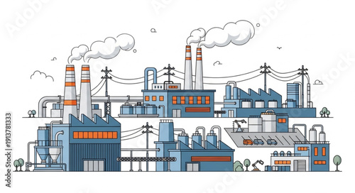 Industrial factory complex with smoking chimneys and power lines.