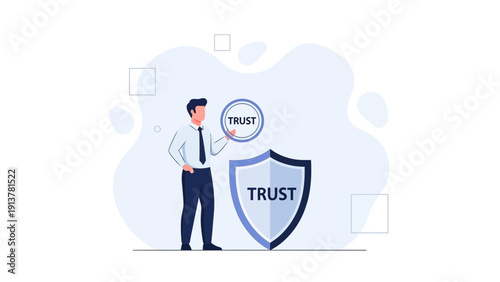 Businessman Holding Trust Shield Symbol, Security and Reliability Concept