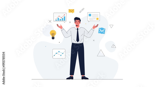 Businessman juggling ideas, charts, and communication icons, representing multitasking and innovation.