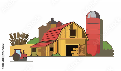 Cute Cartoon Farm Barnyard Vector with Yellow Stable Red Silo Tractor Wheat and Hay Bales
