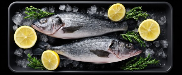 Vibrant fresh sea bass elegantly arranged on textured crushed ice in a dark tray.