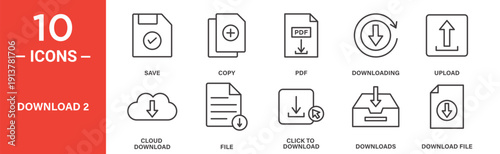 Download and upload icon set, file saving and cloud transfer vector symbols in black filled and outlined style