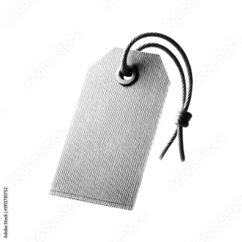 Black and white halftone illustration of blank price tag with string loop, isolated on white background. Retail label, sale, discount and marketing concept in retro style.