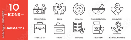 Pharmacy icon set, pharmacy vector symbols in black filled and outlined style