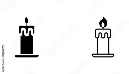 Candle Icon Set – Outline and Solid Black Style