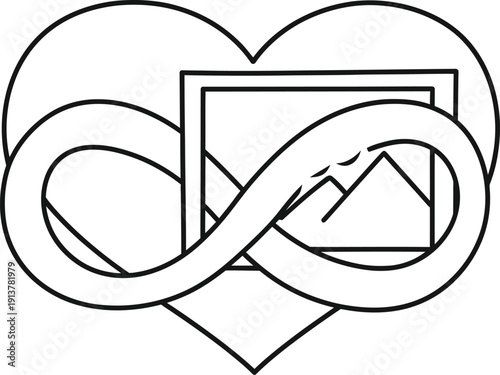 An intertwined heart and photograph frame illustration showcasing a mountain landscape in a sleek black outline design, Whisk concept art