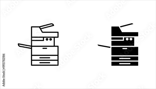 Office copier and multifunction printer icon set in outline and solid black version. Clean and minimal vector design isolated on light background. Ideal for office, printing service,