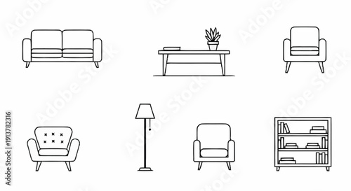 Line drawings of modern furniture including sofa, armchair, coffee table, lamp, and bookshelf arranged for interior design