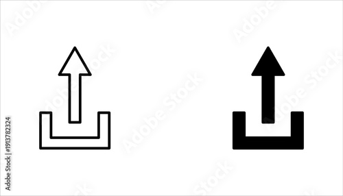 Upload arrow from tray icon set in outline and solid style. File transfer symbol isolated on grey background. Simple flat vector for data sharing and cloud concepts