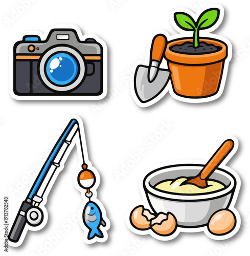 Cute Hobby and Lifestyle Sticker Set Vector Illustration