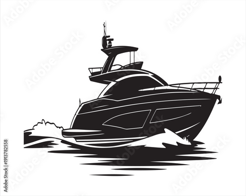 Luxury Yacht Motorboat Silhouette Vector Illustration with Water Reflection in Minimal Black and White Style