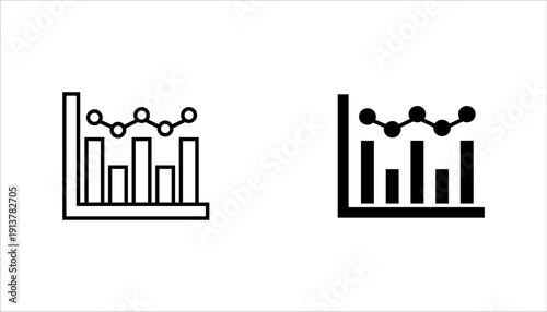 Statistical data chart icon with line and bar elements in outline and solid glyph variation. Minimal black and white vector isolated on light gray background. Perfect for financial reports.
