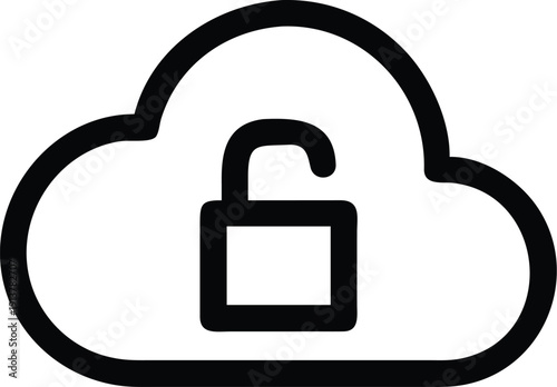A black and white icon of a cloud with an unlocked padlock inside it.