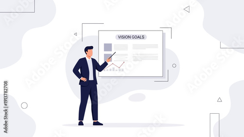 Businessman presenting vision and goals on a whiteboard with growth chart