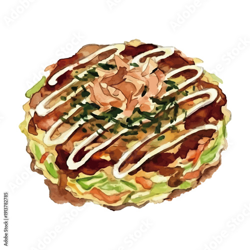 Watercolor-style powdered goods illustration／粉物・お好み焼き