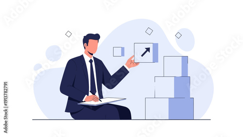 Businessman showing upward trend graph on a cube, business growth concept