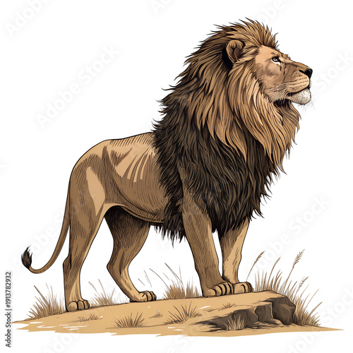 A majestic lion standing proudly in a savannah landscape at sunset