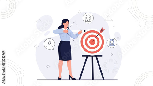 Businesswoman aiming at target with bow and arrow, achieving goals concept