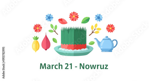 Nowruz celebration with sabzeh and tea on March 21