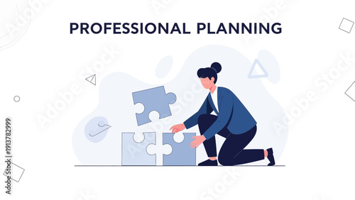 Businesswoman assembling puzzle pieces, symbolizing professional planning and strategy