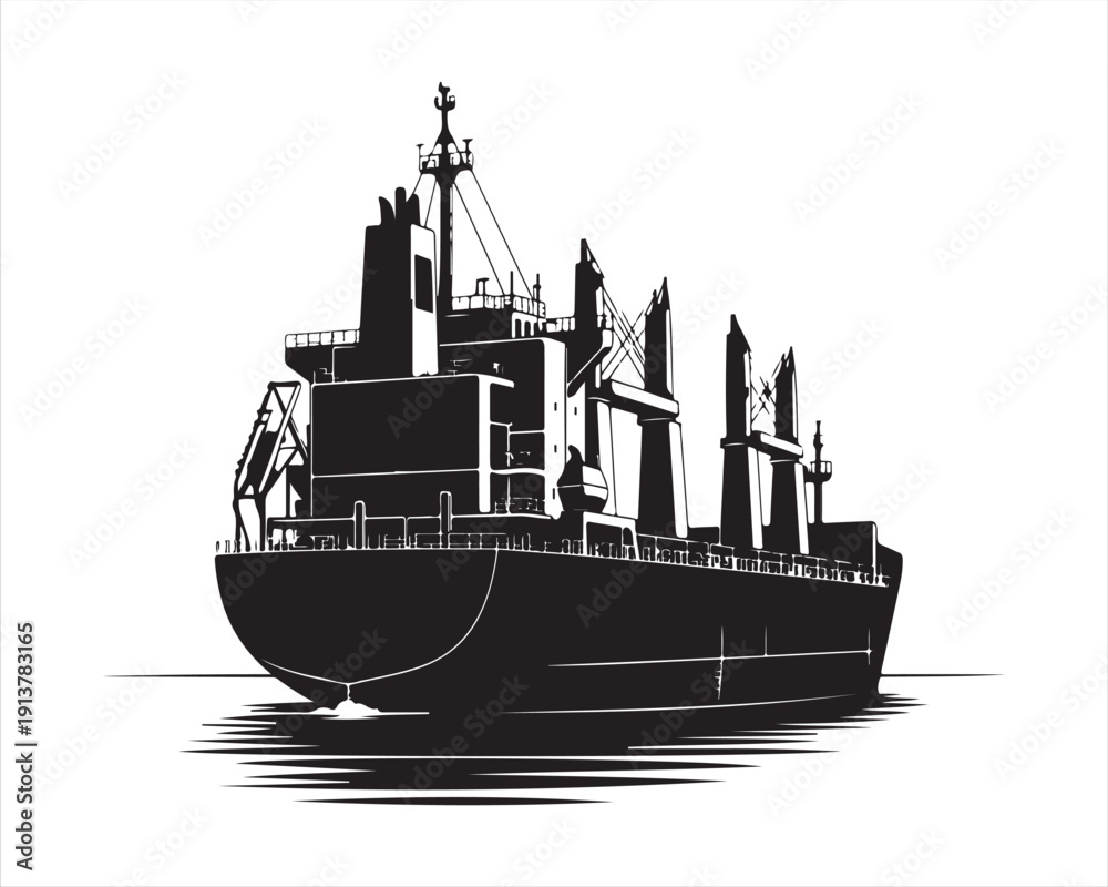 Obraz premium Industrial Cargo Freighter Ship Silhouette Vector Illustration of Maritime Transport Vessel on Water