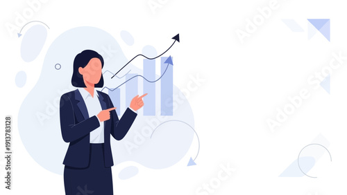 Businesswoman pointing at growing financial chart, presentation concept, modern flat design
