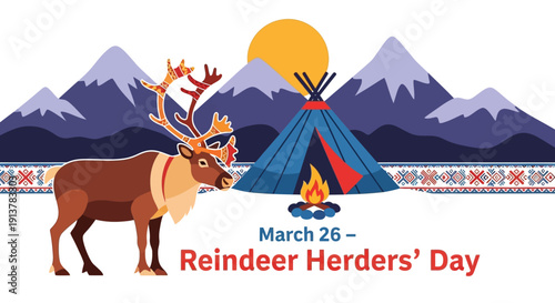 Reindeer herder's day celebration with reindeer and teepee