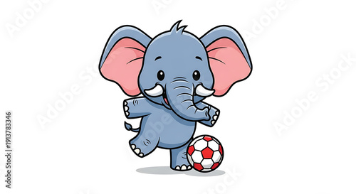 Cute animated baby elephant character joyfully playing soccer, dribbling a red and white ball for fun