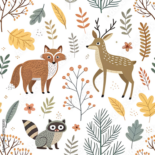 A whimsical illustration of forest animals and foliage on a black background