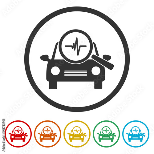 Magnifier Car Diagnostic Icon. Set icons in color circle buttons