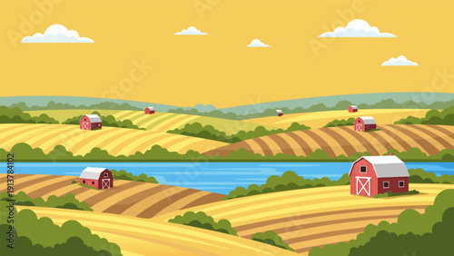 Rural farm landscape vector illustration peaceful scene with red barns, golden fields, tranquil river, and rolling green hills