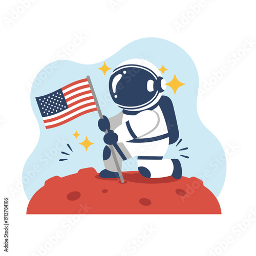 Space Exploration Success Flat Design Vector Empty State UI Astronaut Planting American Flag on Red Planet