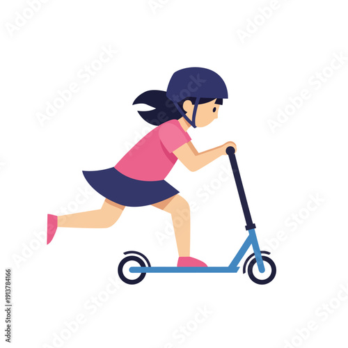 Happy young girl riding scooter safely wearing helmet flat design vector empty state ui element illustration