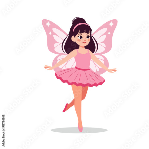 Adorable pink dancing fairy character flat design vector illustration for fantasy empty state ui screens