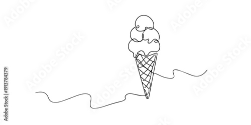 Line art illustration of an ice cream cone with scoops on top. Hand drawn continuous line representing sweet dessert, summer treat, and fun food concept.