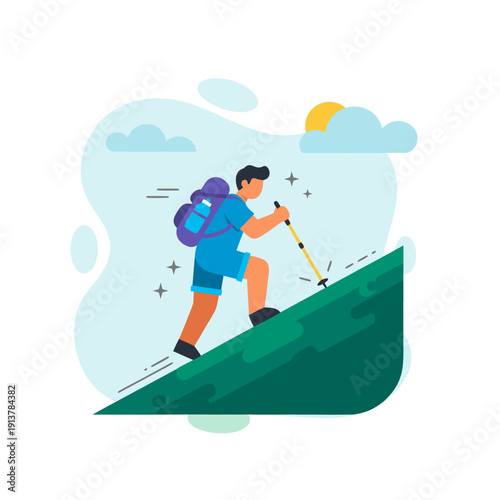 Dynamic flat design vector illustration of a determined hiker ascending a lush green mountain slope empty state ui perfect for success concepts