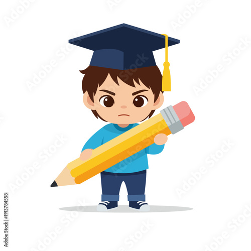 Serious little boy in graduation cap holding big writing pencil flat design vector empty state ui illustration