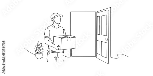 Single line style illustration of a courier delivering a package at the door. Minimalist line art representing home delivery, logistics service, and ecommerce activity.