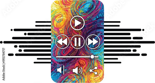 Vibrant multimedia controller with swirling patterns and media controls on a device