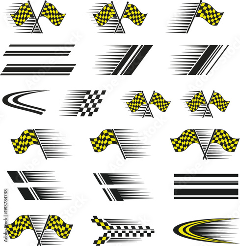 Racing Checked Flag Collection and Speed Motion Graphics in Yellow and Black for Automotive Sports Competition Rally and Vector Design