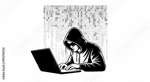 Hoodie-clad figure types on laptop with binary code background
