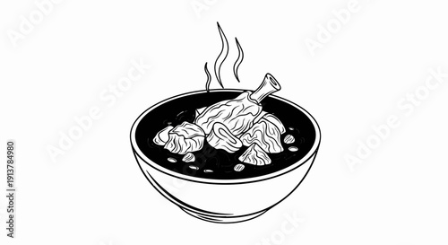 Hot stew with meat and bone in a black bowl, steam rising