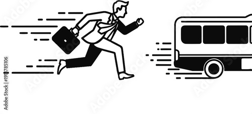 Hurrying businessman chases departing bus with briefcase