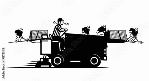 Ice resurfacer, referee, players and nets on hockey rink