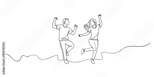 Single line style illustration of a man and woman dancing together. Minimalist line art representing joy, movement, celebration, and happy lifestyle.