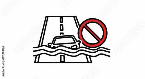 Icon depicting a car stuck in floodwaters on a road with a prohibition sign