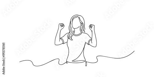 Single line style illustration of a happy woman celebrating with raised fists. Minimalist line art representing joy, confidence, motivation, and positive emotion.